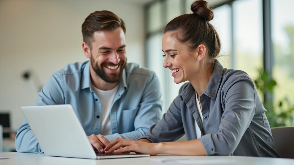 Twee collega's die samenwerken aan een project, glimlachend en gefocust op hun taak