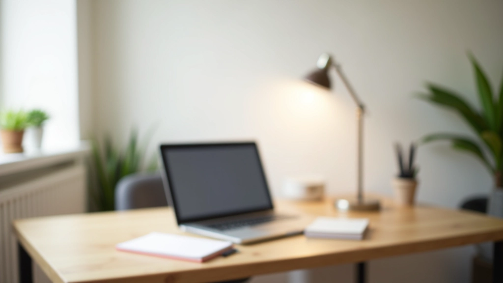 Rustig bureau met Ã©Ã©n lamp, laptop en notebook, minimalistische setup, geen rommel, natuurlijk daglicht, werkruimte fotografie
