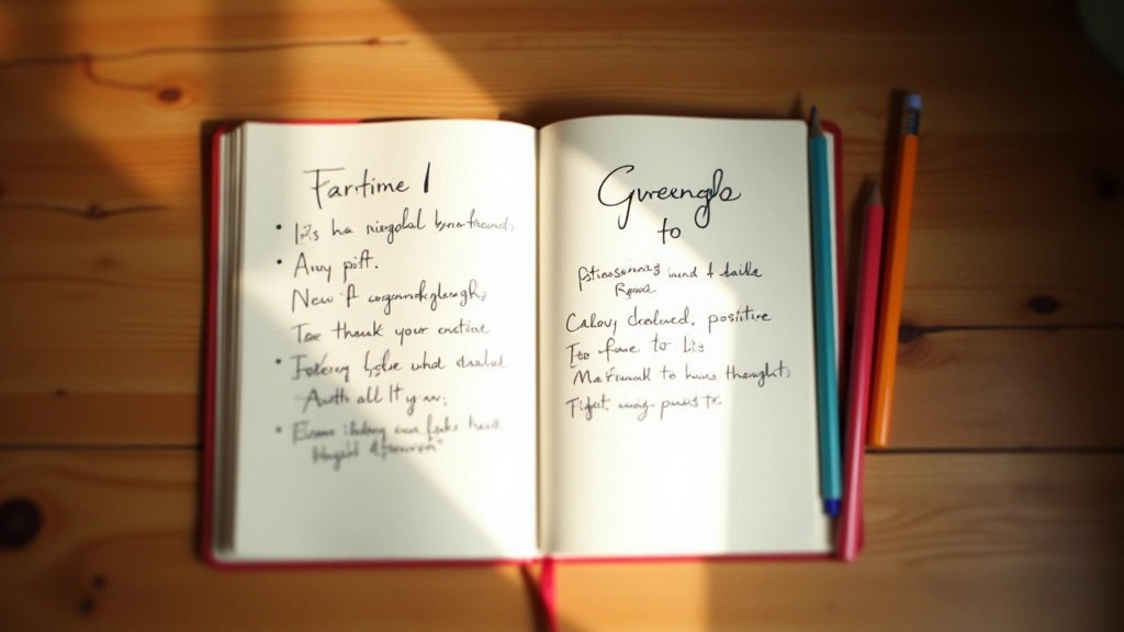 Notitieboekje met positieve affirmaties en kleurpotloden op een houten bureau