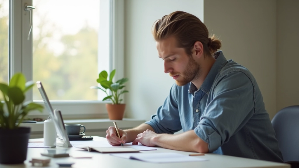 Professioneel foto van iemand geconcentreerd werkend aan een creatief project op een bureau met natuurlijk licht van het raam