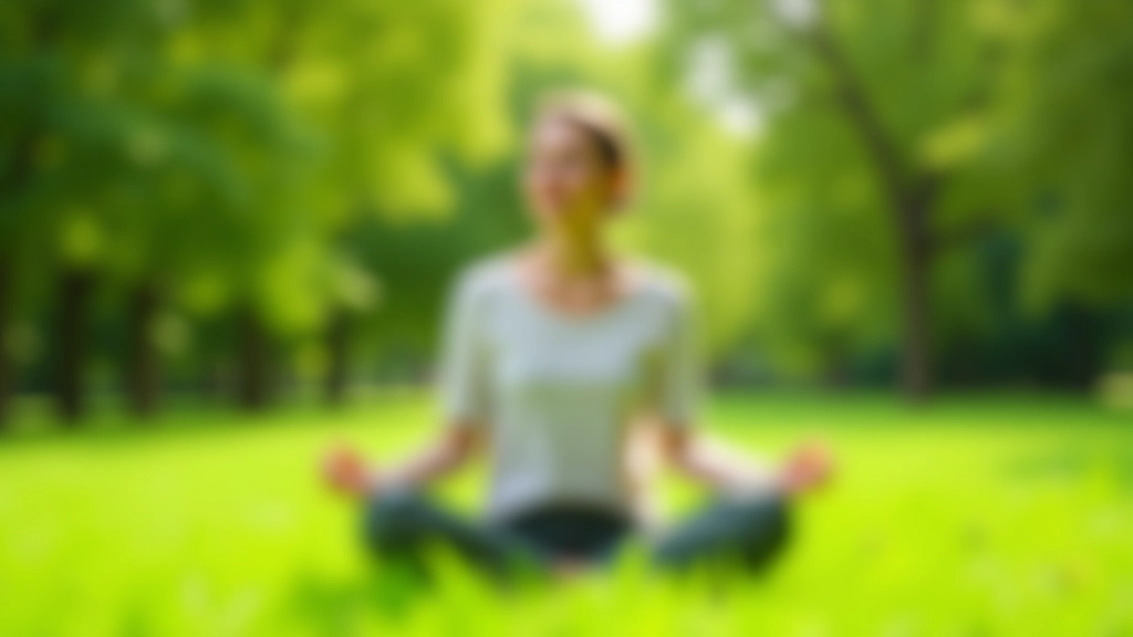 Persoon zit in meditatiehouding op het gras in een groen park met zachte natuurlijke verlichting
