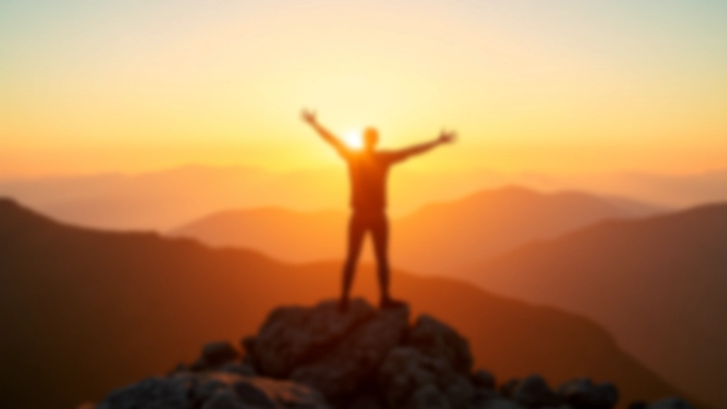 Persoon die op een bergTop staat en naar de horizon kijkt bij zonsondergang