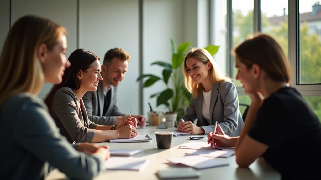 Team in een modern kantoor met mensen die samenwerken aan een tafel met notities en laptops