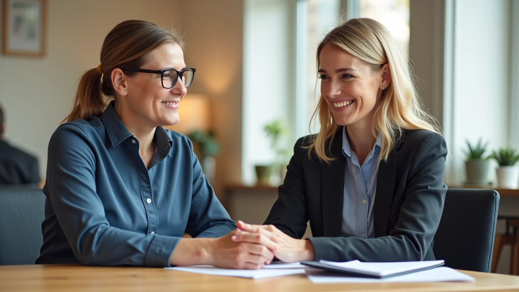 Twee collega's aan een houten tafel, beiden lachend en gebaren makend, helder kantoor met ramen