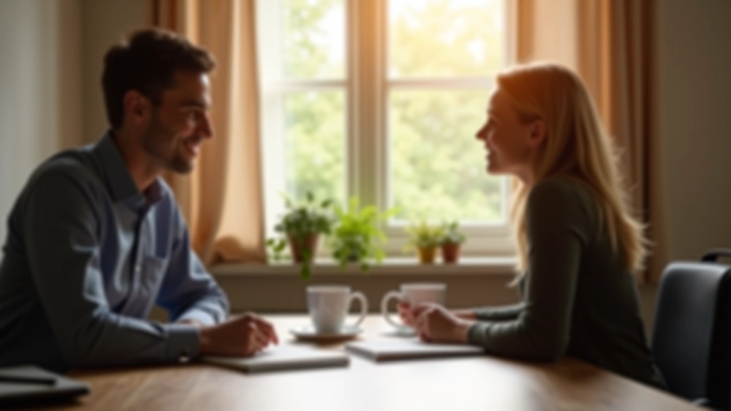 Twee mensen hebben een gesprek aan een tafel met koffie en notitieboekjes