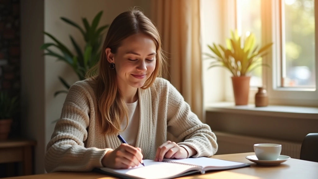 Persoon die schrijft in een notitieboekje, reflectie moment met kopje thee erbij