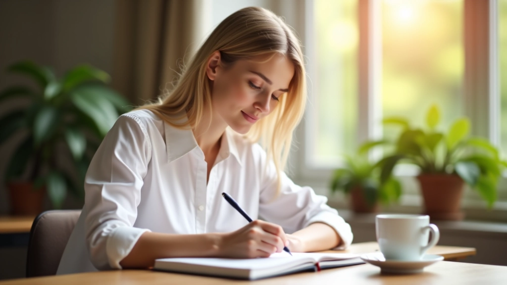Persoon schrijft in dagboek bij zonlicht, kopje koffie op houten tafel