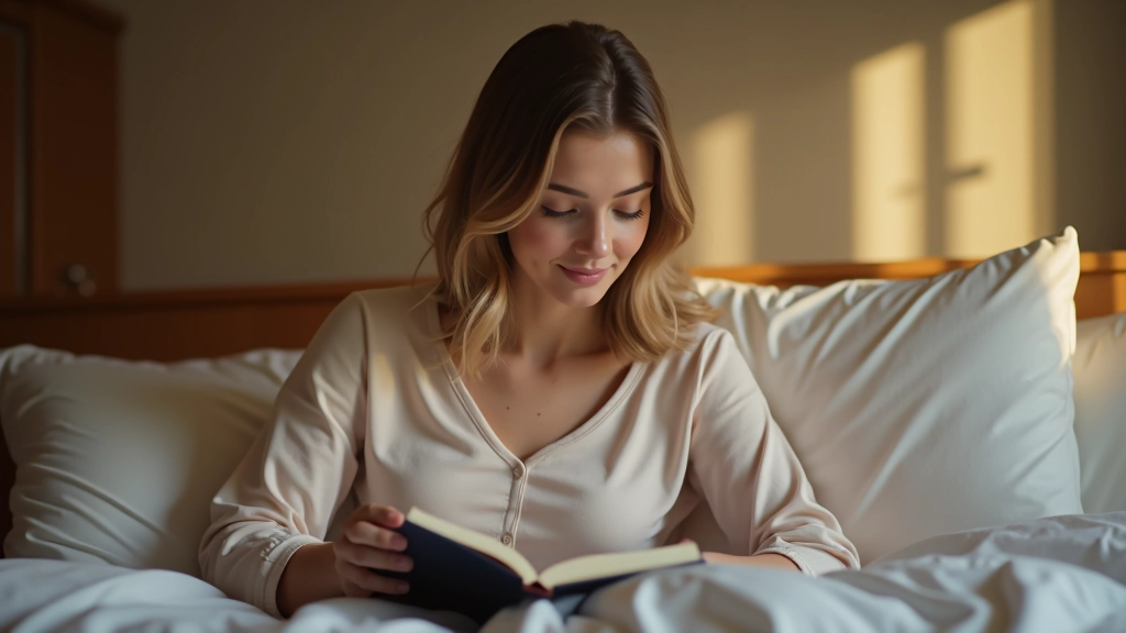 Persoon in bed, rustig moment voor slaap, zachte avondverlichting en reflectie