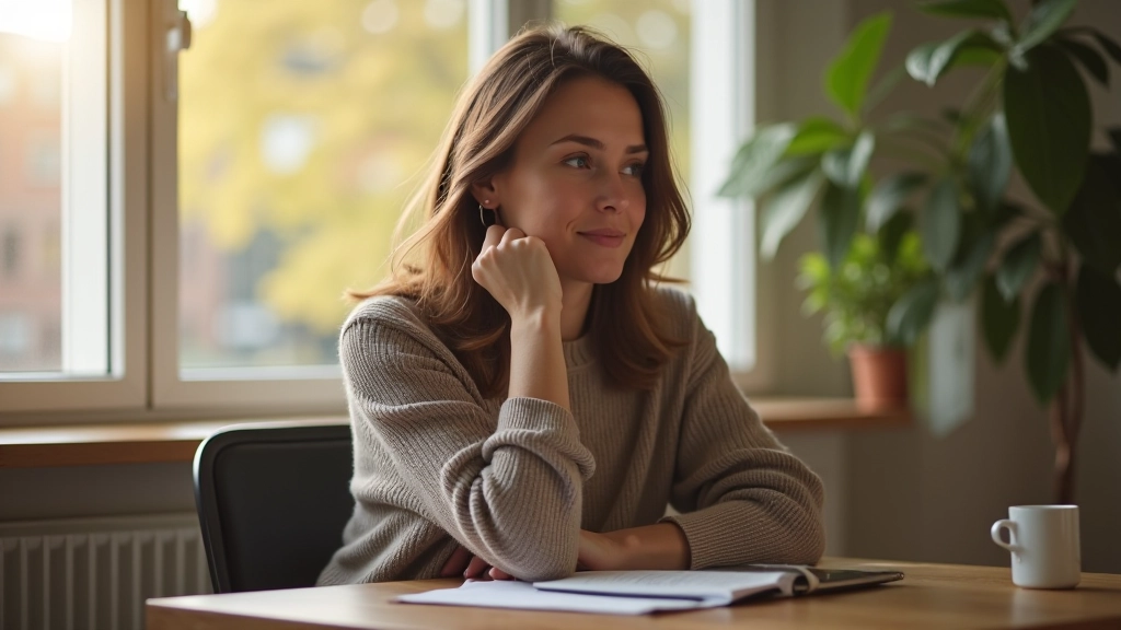 Persoon die aan een bureau zit en naar buiten kijkt met een denkende uitdrukking, natuurlijk licht, focusmoment