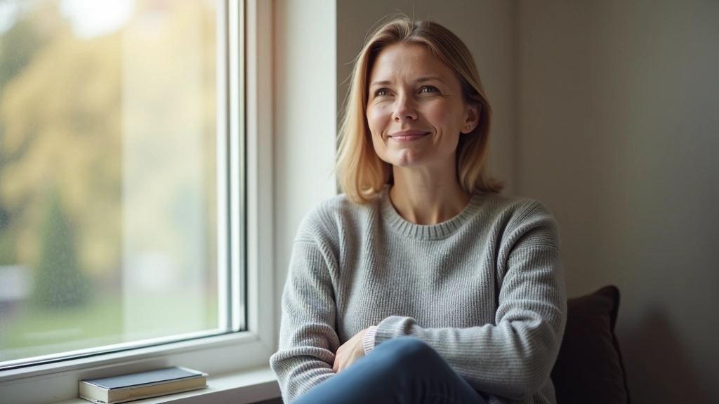 Vrouw in meditatiehouding bij een raam, rustige ochtendsfeer met natuurlijk licht
