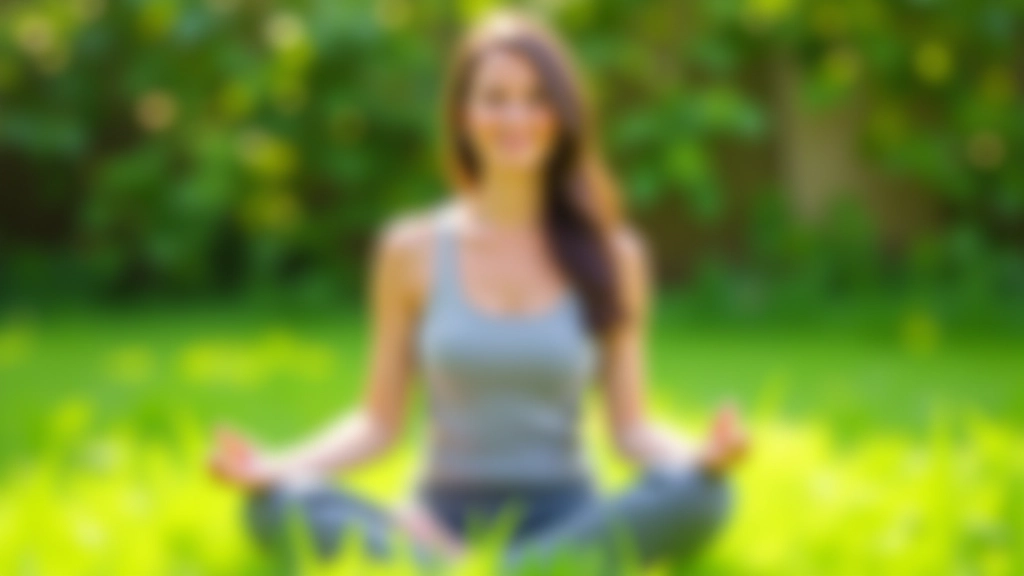 Persoon zit in meditatiepositie in een groene tuin, gezicht ontspannen en vredig